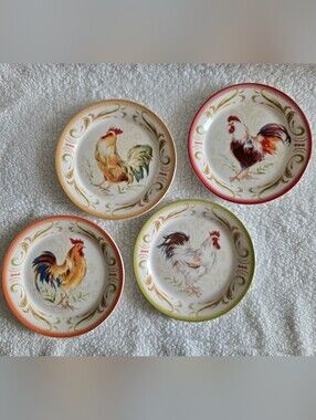 Pier 1 Imports Set/4 Rooster Plates Ironstone Salad Dessert Farmhouse 8.25" EC